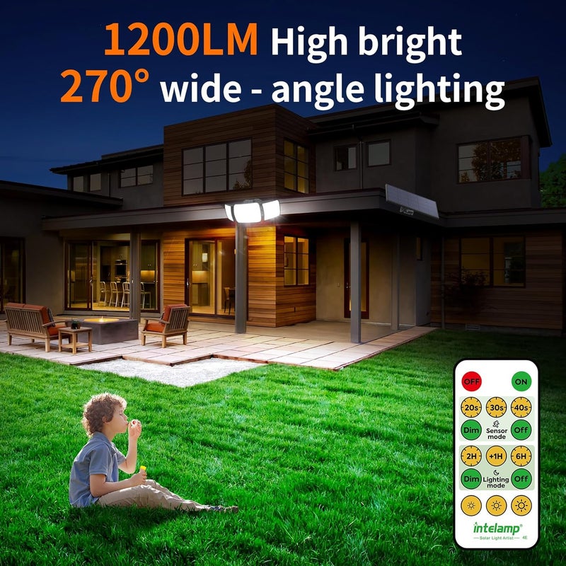 intelamp Solar Flood Lights Outdoor Waterproof, 2 Pack 6000mAh 1200LM Solar Powered Dual Motion Sensor LED Lighting Dusk to Dawn Security Floodlight Exterior with Remote 9.8ft Cable for Garden House - Image 3